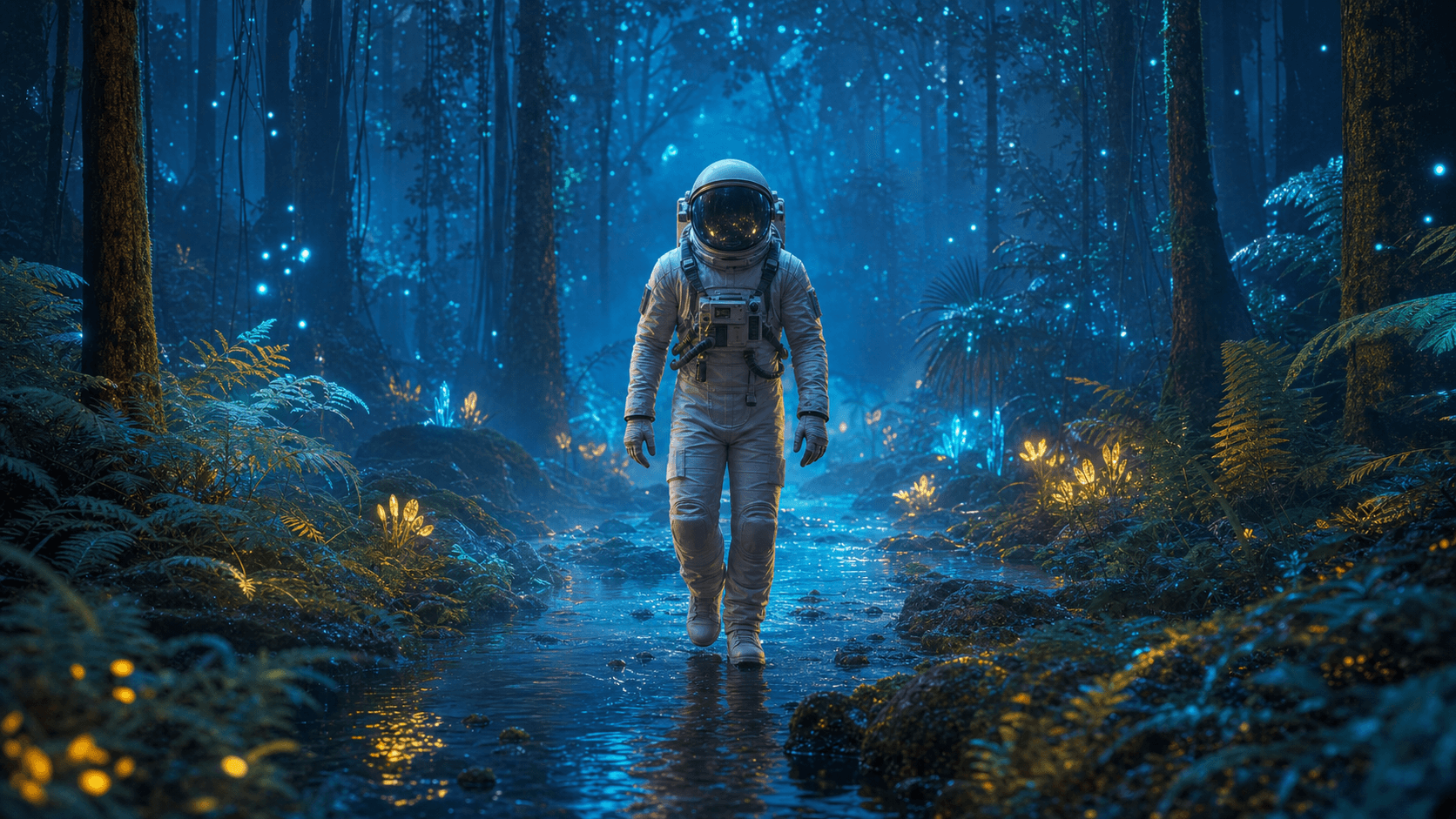 An astronaut walking through a luminous blue forest and shallow stream, created as a WAN 2.6 source frame