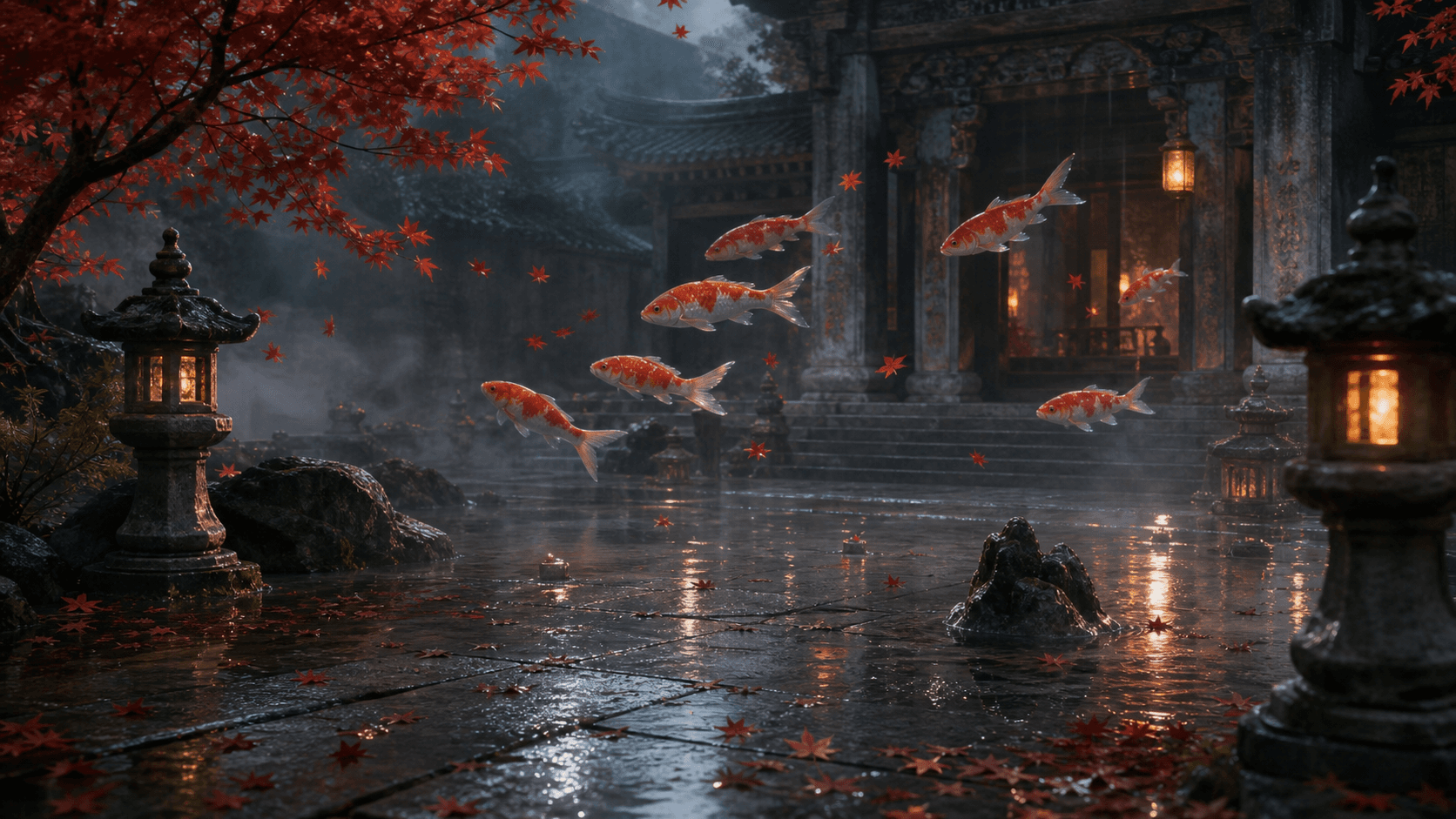 Luminous koi swimming through the air above a rain-covered temple courtyard, an original AI video source frame