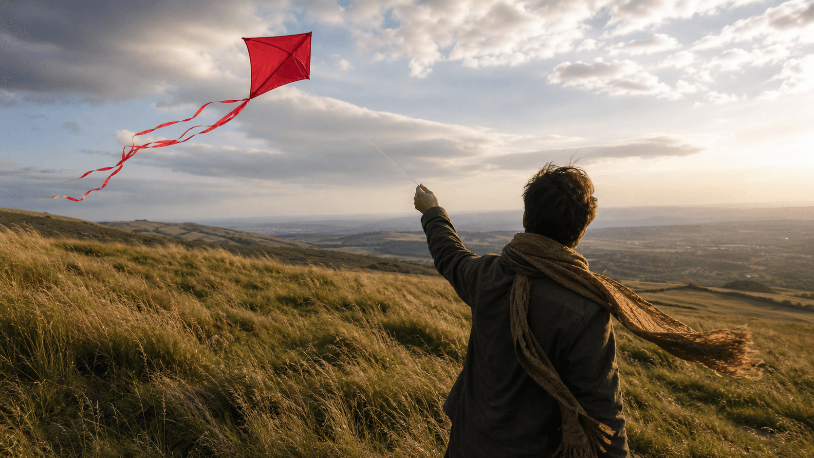 Person flying a red kite on a windy hill for an image-to-video workflow