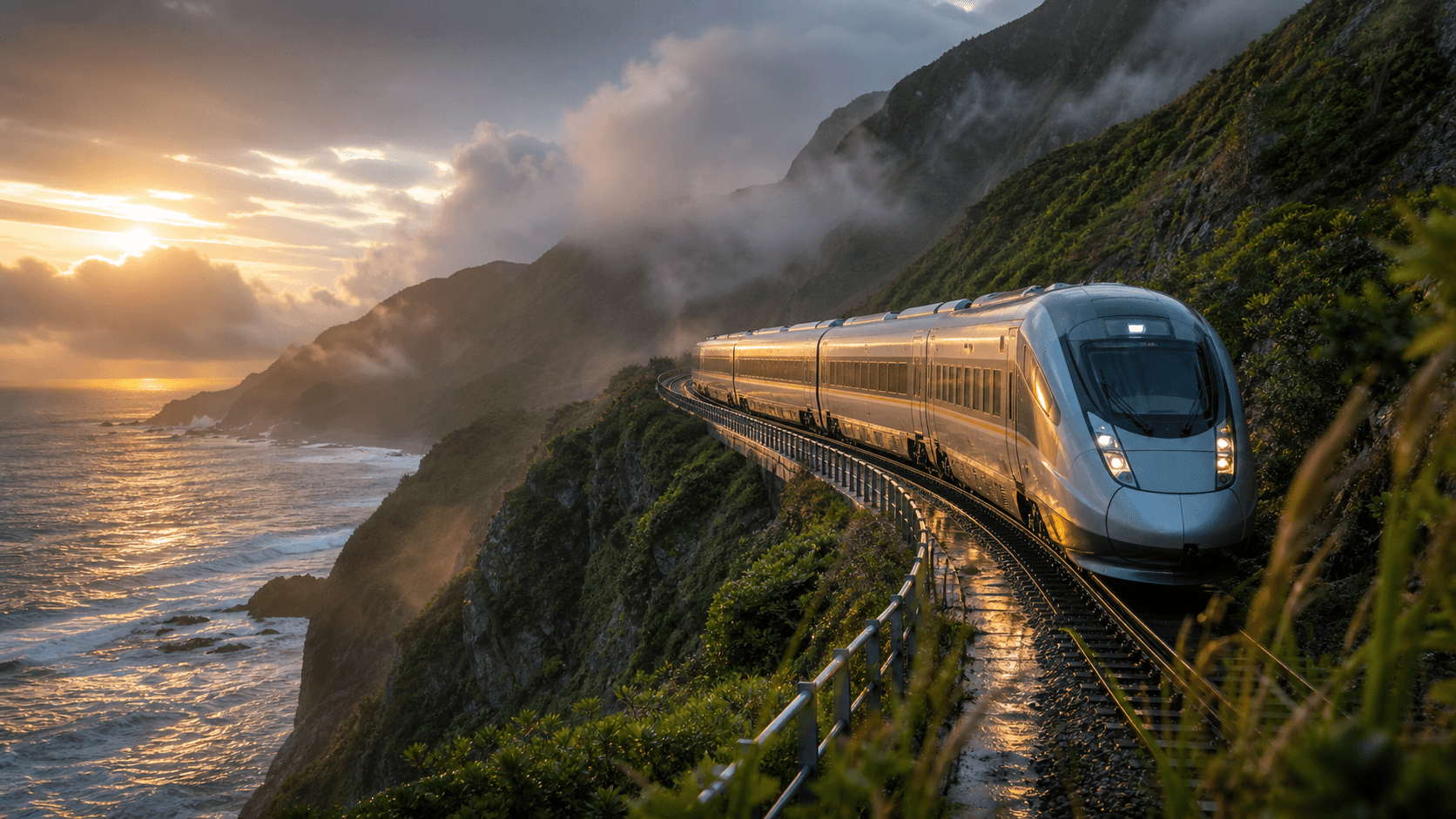A silver train rounding a wet coastal railway curve at sunrise, the source frame for a WAN 2.5 video test